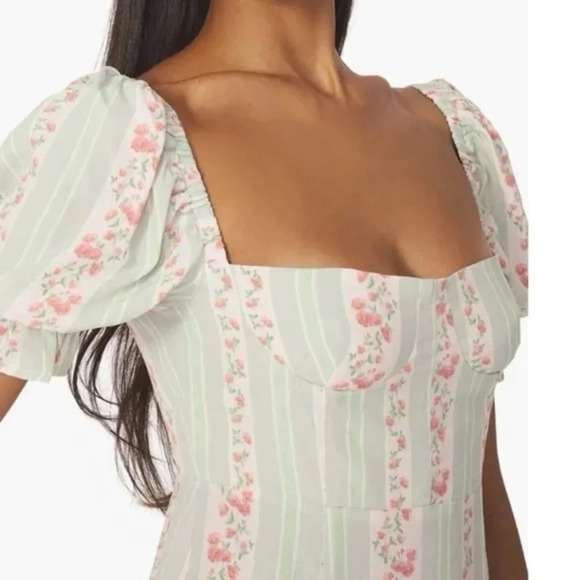 WeWoreWhat Sage Green Pink‎ Victorian Floral Stripe Puff Sleeve Corset Dress - Picture 4 of 15